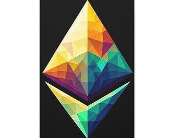 Lienzo geométrico de Ethereum, arte mural colorido de criptomonedas de baja poli, 24x36 pulgadas, montado sobre bastidor.