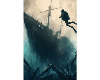 Scuba Shipwreck Diving Ocean Wreck Dive Certified Painting Art Print Poster