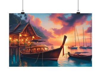 Modern Boat Docked at a Restaurant with Beautiful Sunset and Ocean Views Happy Chill Vibes Home Decor Oil Paint Style Art Print Posters