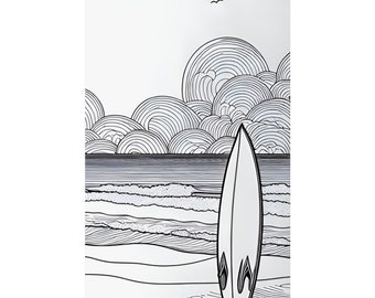 Surfboard Lineart Beach Ocean Simple Minimalistic Lines Modern Art Print Poster
