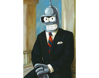 Futurama Bender as Ronald Reagan Famous Presidential Portrait - Bender's Dapper Style Matte Vertical Poster - Perfect for Geeky Home Decor