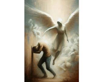Angelic Being Watches Over a Struggling Man During Trials and Tribulations Christian God Oriented Biblical Art Print Poster
