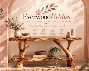 Live Edge Wooden Console Table with Branch Legs, Rustic Two Tier Entryway Table, Natural Wood Hallway Furniture