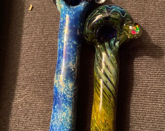 2 Blue American handblown tobacco Pyrex glass pipe with gold fume with opal-Galaxy space pip—smoking pipe -heady pipe