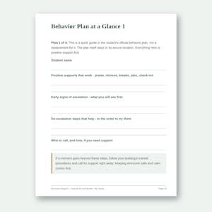 May include: A white document titled Behavior Plan at a Glance 1 with sections for student name, positive supports, early signs of escalation, de-escalation steps, and support contacts. Includes a footer with text Behavior Support | Special Ed Sub Binder | By Jenna | Page 19.