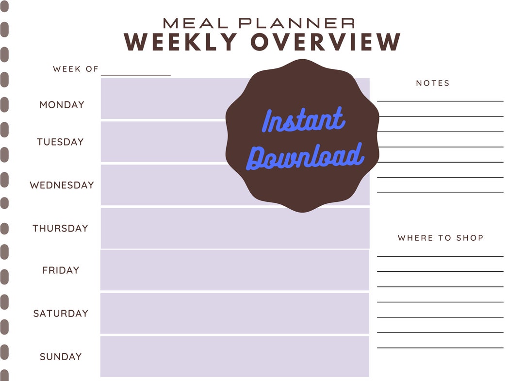 Printable Weekly Meal Planner INSTANT DOWNLOAD Weekly Meanu - Etsy