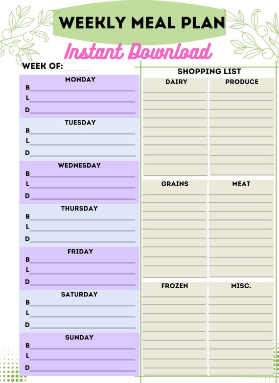 Printable Weekly Meal Planner Vegan Meal Plan Weekly Meanu | Etsy