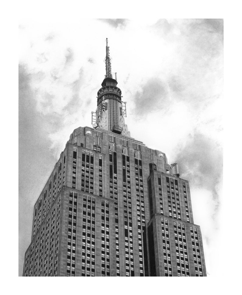 Looking up Empire State Building Pencil Drawing Print Etsy