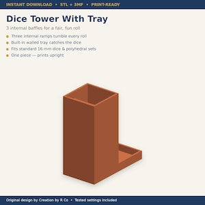 Może przedstawiać: Wieża do kości w kolorze terakoty ze zintegrowaną tacką. Tekst głosi: Dice Tower With Tray, 3 internal baffles for a fair, fun roll, Three internal ramps tumble every roll, Built-in walled tray catches the dice, Fits standard 16 mm dice & polyhedral sets, One piece — prints upright.