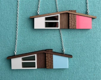 MidCentury Modern House Necklace, on Sterling Silver Chain