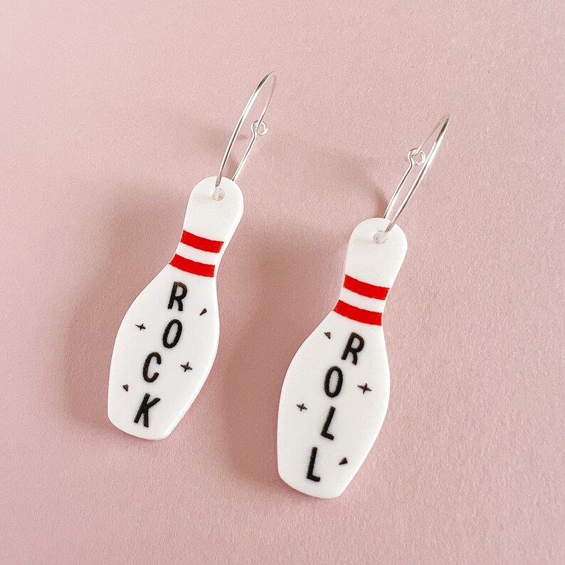 Rock and Roll Bowling pin earrings on sterling silver hoops image 7