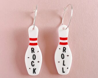 Rock and Roll Bowling pin earrings on sterling silver hoops