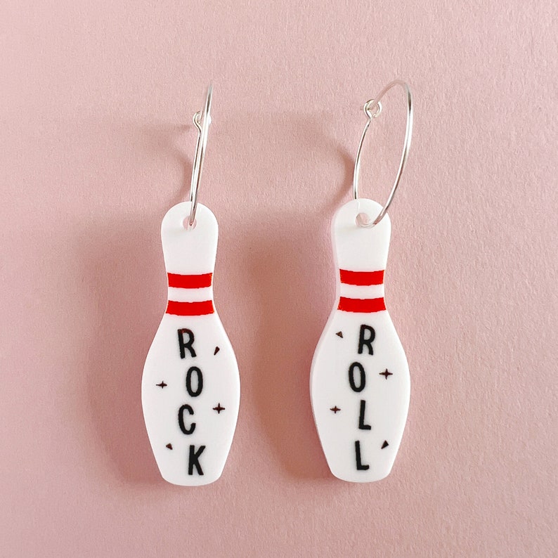 Rock and Roll Bowling pin earrings on sterling silver hoops image 1