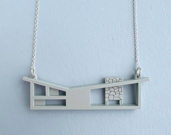 Laser-cut Midcentury House Necklace with Butterfly Roof by Tiny Scenic | Architectural necklace