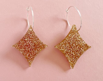 Starburst Earrings in Laser cut Gold Glitter Acrylic on Sterling Silver Hoops