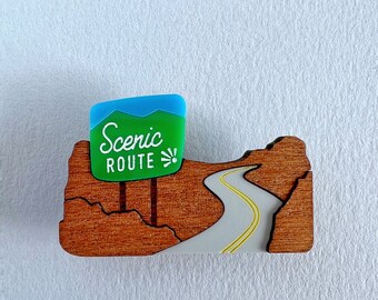 Scenic Route Brooch / Road trip Brooch in wood and acrylic