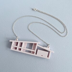 Laser-cut Mid Century house necklace by Tiny Scenic Architectural blueprint necklace Pale Pink