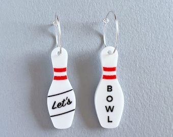 Let's Bowl Bowling pin earrings on sterling silver hoops