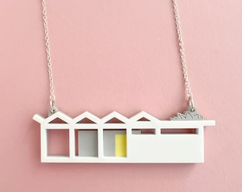 Modernist house necklace | Laser cut house necklace with zig-zag roof by Tiny Scenic | Gift for architect