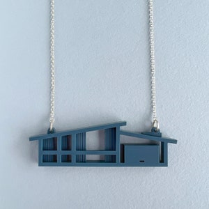 Laser-cut Mid Century house necklace by Tiny Scenic Architectural blueprint necklace Soft Navy Blue