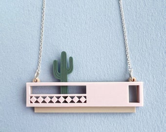 Laser cut Cactus House Necklace / Saguaro House Necklace on Sterling Silver Chain