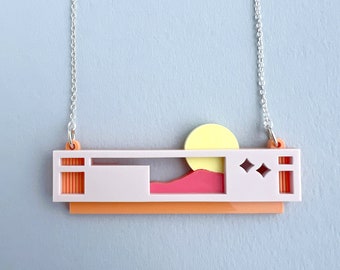 Sunset House Necklace in laser cut acrylic with Sterling Silver Chain