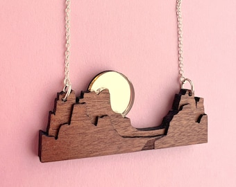 Monument Valley Sunset Necklace - Wooden Necklace on sterling silver chain