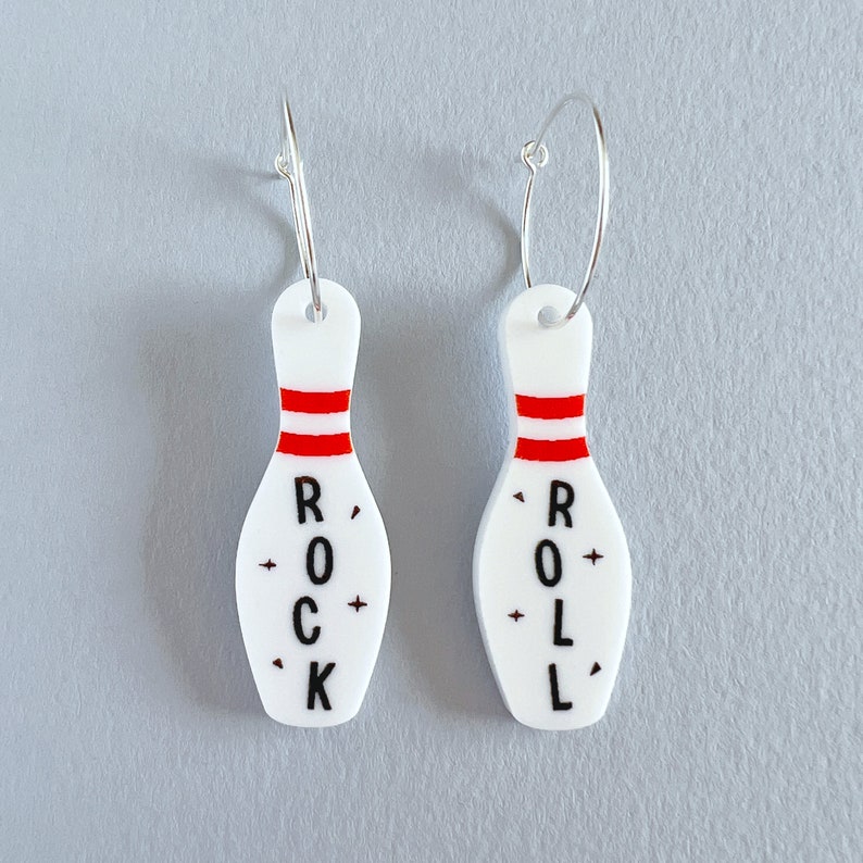 Rock and Roll Bowling pin earrings on sterling silver hoops image 6