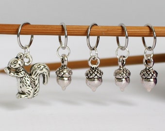 5 Stitch Marker Squirrel & Acorn Kisses Set of Silver Stitchmarker Knitting Charms to Mark Stitches StitchMarkers Patter Reminder