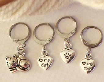 4 Stitch Marker Cat Kitten Set of Silver Stitchmarker Knitting Charms to Mark Stitches Knit Gift Crochet Removeable Crocheter Notion Notions