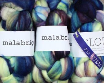 4oz Cloud 222 'Vitral' Malabrigo Dyed Superwash Superfine Merino Wool Combed Top Roving Spinning Fiber Vitrol Purple Blue Green