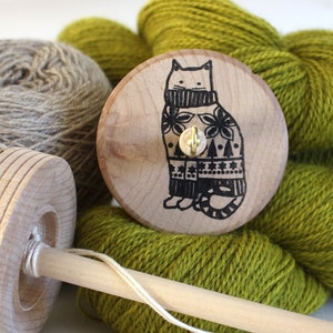 Cat in Sweater Drop Spindle for Wool Yarn Spinning Handspun Roving Handspinning Beginner spindle Student Spindle top whorl