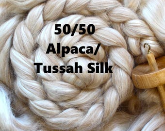 50/50 Fawn Alpaca, Tussah Silk Blend Combed Top Undyed Luxury Bare Top Roving Wool for Spinning Dyeing Handspinning Fiber Cafe