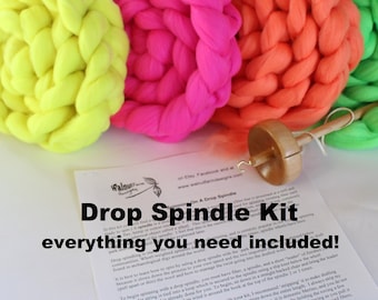 Neon Drop Spindle Kit for Beginner w/ Fiber Top Whorl Wool Yarn Spinning Handspun Roving Yarn