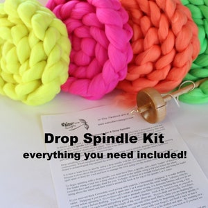 Neon Drop Spindle Kit for Beginner w/ Fiber Top Whorl Wool Yarn Spinning Handspun Roving Yarn