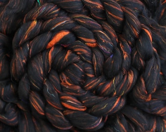 Black Merino Wool Sari Silk 'Halloween Night' 4oz Custom Tweed Blend Combed Top Roving Spinning Fiber Orange