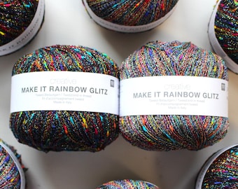 Glitzy Make it Tweed Yarn Skein by Creative Rico Design Rainbow Lace Weight knit in thread