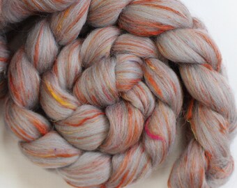 Blue Faced Leicester Wool Sari Silk 'Fall Bonfire' Custom Blend - 4oz - Roving Blended for Spinning Fiber Handspinning BFL Combed Top Gray