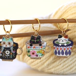 3 Stitch Marker Cat Kitten Set of Enamel Stitchmarker Knitting Crochet Charms to Mark Stitches Knit Gift Crochet Removeable Notion Gift