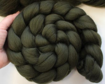 Merino Wool 'Moss' Green Combed Top Roving Dyed Wool Spinning Fiber Dark Olive Khaki Army