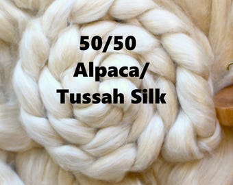 50/50 Alpaca, Tussah Silk Blend Combed Top 'Ristretto 1' Undyed Luxury Bare Top Roving Wool for Spinning Fiber OffWhite Cream