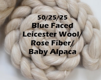 50/25/25 BFL, Rose, Baby Alpaca Wool Blend 4oz Combed Top Undyed Blue Faced Leicester Bare Roving for Spinning Fiber Caffe Rosa