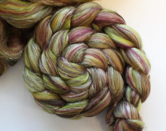 Merino Mulberry Silk Bamboo 'Spiced Sprite' Sparkle Stellina Blend Combed Top Roving Wool Spinning Fiber Green