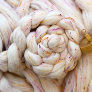 Polwarth Wool 'Rhubarb Crumble' Tweed 4 u 8 oz Peinado de fibra teñida para hilado Nep Crudo Sin teñir Blanco roto