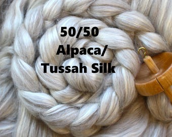 50/50 Alpaca, Tussah Silk Blend Combed Top Undyed Luxury Bare Top Roving Wool for Spinning Dyeing Handspinning Fiber Vienna Gray