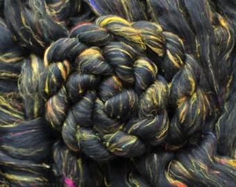 Black Merino Wool Sari Silk 'Firefly' Custom Tweed Blend Combed Top Roving Spinning Fiber Fibre Halloween