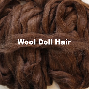 May include: A pile of dark brown wool doll hair. The fibers are thick and wavy, with a soft, natural texture. The text "Wool Doll Hair" is displayed in white across the image.