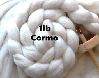 Fibra de hilado sin teñir de lana peinada Cormo de 1 lb para teñir, hilar o fieltrar, color blanco natural