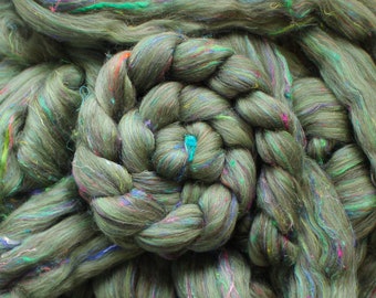 6.7oz Merino Shetland Sari Silk 'Tweed Moss' Custom Tweed Blend Combed Top Roving Wool Spinning Fiber Fibre Green