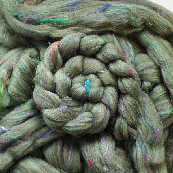 6.7oz Merino Shetland Sari Silk 'Tweed Moss' Custom Tweed Blend Combed Top Roving Wool Spinning Fiber Fibre Green